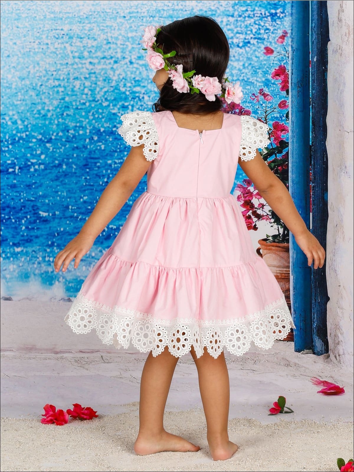Girls Lace Flutter Sleeve Ruffled Flower Trim Dress - Girls Spring Casual Dress