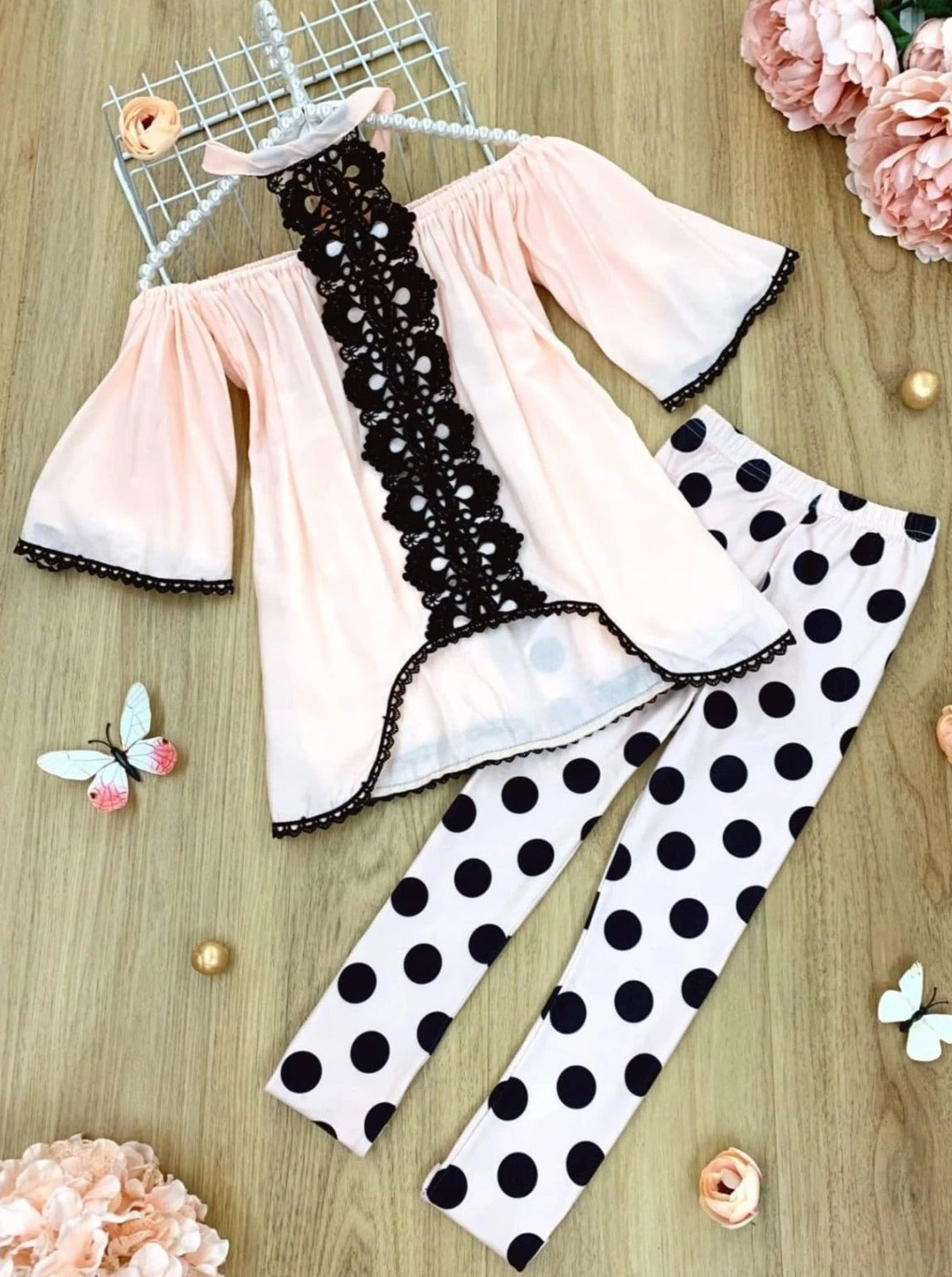 Girls Spring Outfits | Lace High Neck Tunic Polka Dot Legging Set