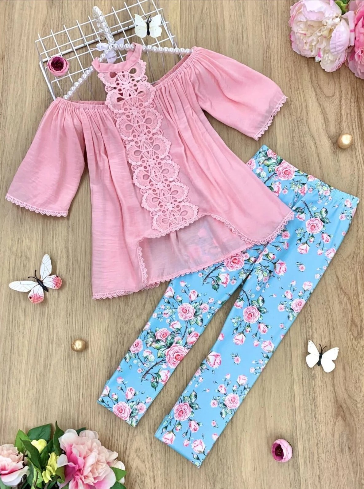 Girls Spring Outfits | Lace Halter Neck Hi-Lo Tunic & Legging Set