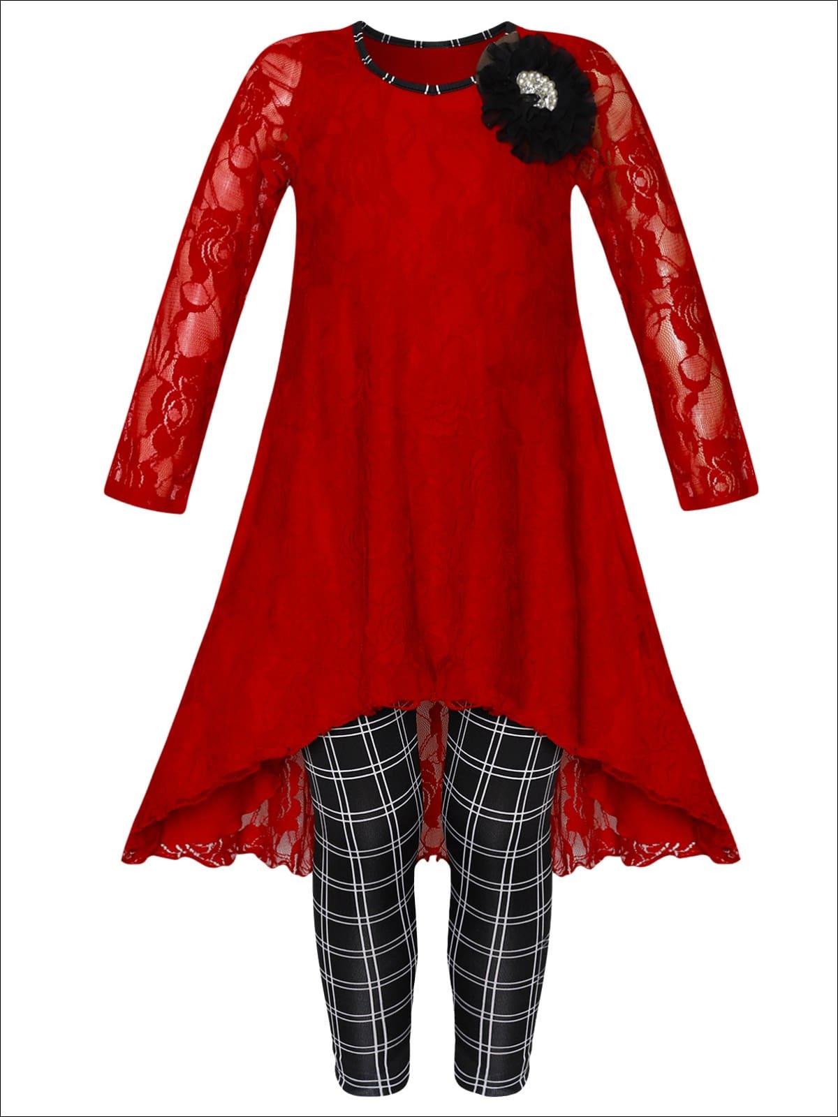 Girls Lace Hi-Lo Long Sleeve Tunic with Flower Trim & Printed Leggings Set - Red / 2T/3T - Girls Fall Dressy Set