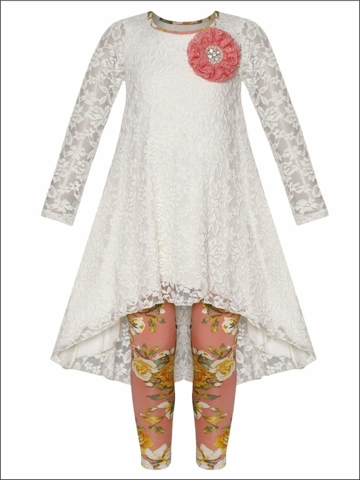 Girls Lace Hi-Lo Long Sleeve Tunic with Flower Trim & Printed Leggings Set - White / 2T/3T - Girls Fall Dressy Set