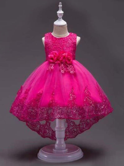 Girls Lace Hi-Lo Party Dress (4 color options) - Hot Pink / 4T - Girls Fall Dressy Dress