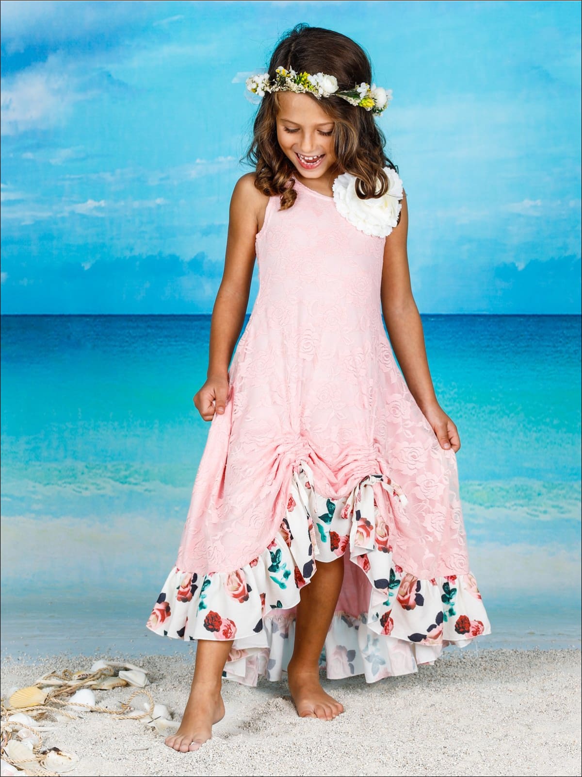 Girls Lace Hi-Lo Ruffled Hem Drawstring Dress - Girls Spring Dressy Dress