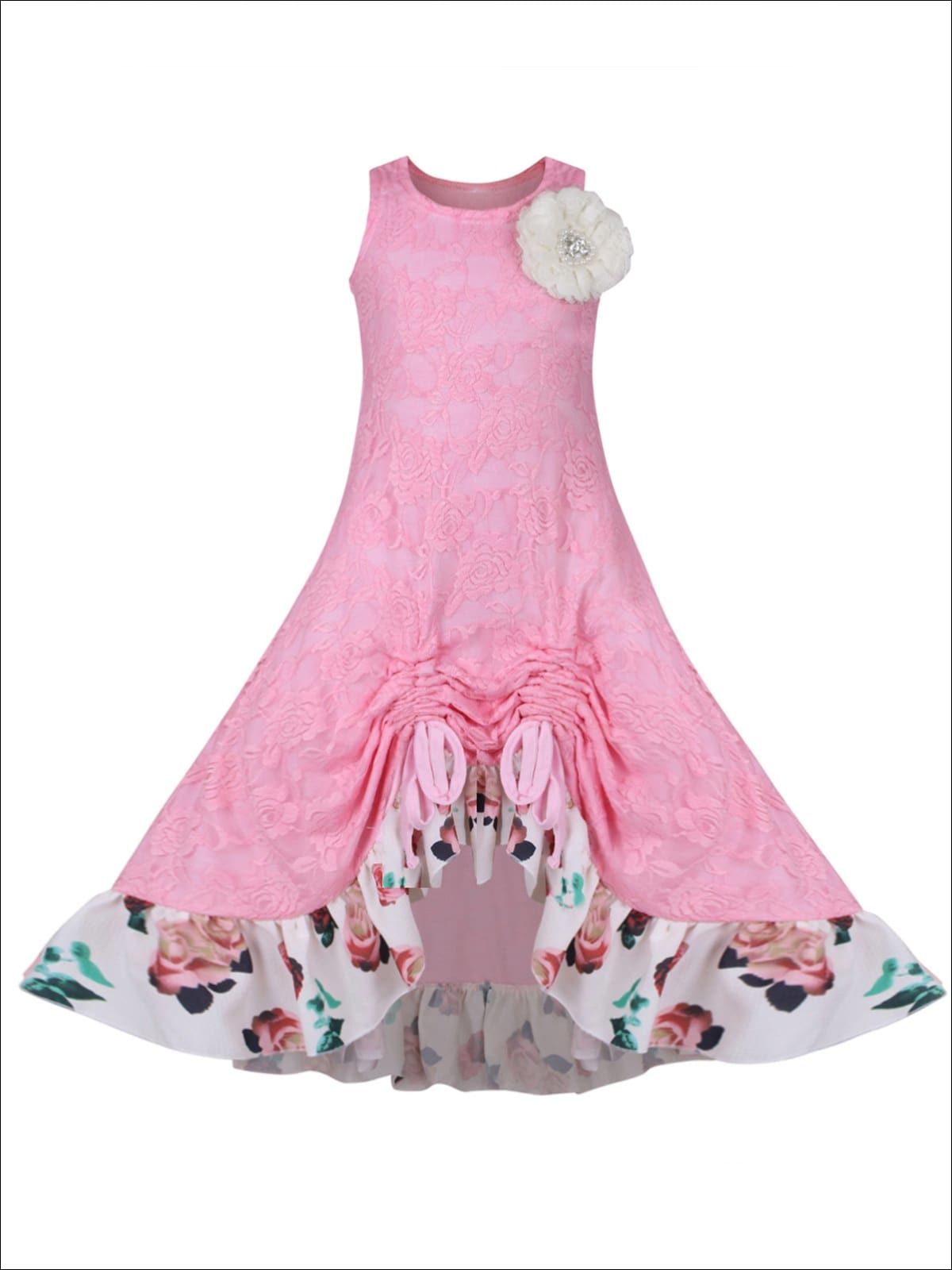 Girls Lace Hi-Lo Ruffled Hem Drawstring Dress - Pink / 2T/3T - Girls Spring Dressy Dress