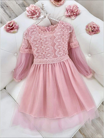 Girls Lace Long Sleeve Lace Dress - Pink / 8Y - Girls Spring Dressy Dress