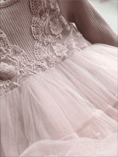 Girls Lace Long Sleeve Dress (Pink & Gray) - Girls Fall Dressy Dress
