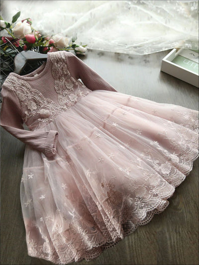 Girls Lace Long Sleeve Dress (Pink & Gray) - Pink / 3T - Girls Fall Dressy Dress