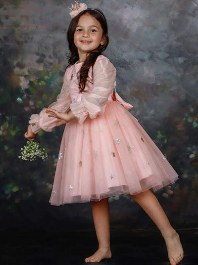 Toddler Spring Dresses | Girls Pink Sequin Star Tulle Sleeve Dress
