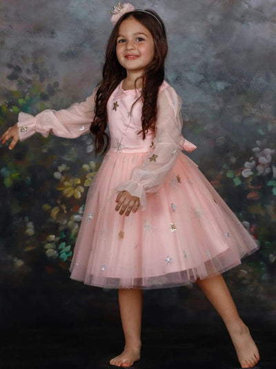 Toddler Spring Dresses | Girls Pink Sequin Star Tulle Sleeve Dress