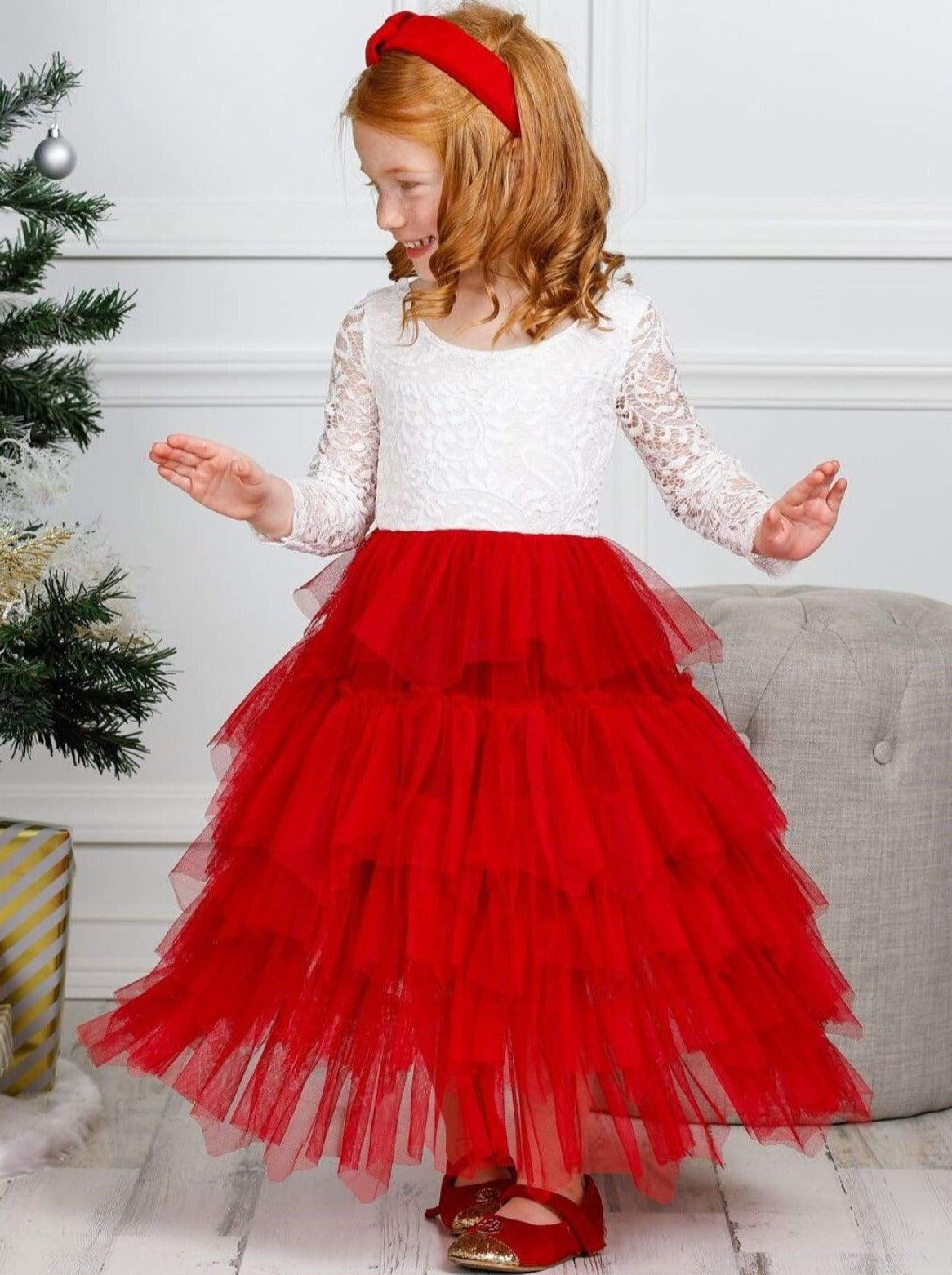 Christmas Dresses | Girls Lace Long Sleeve Tiered Tulle Christmas Gown