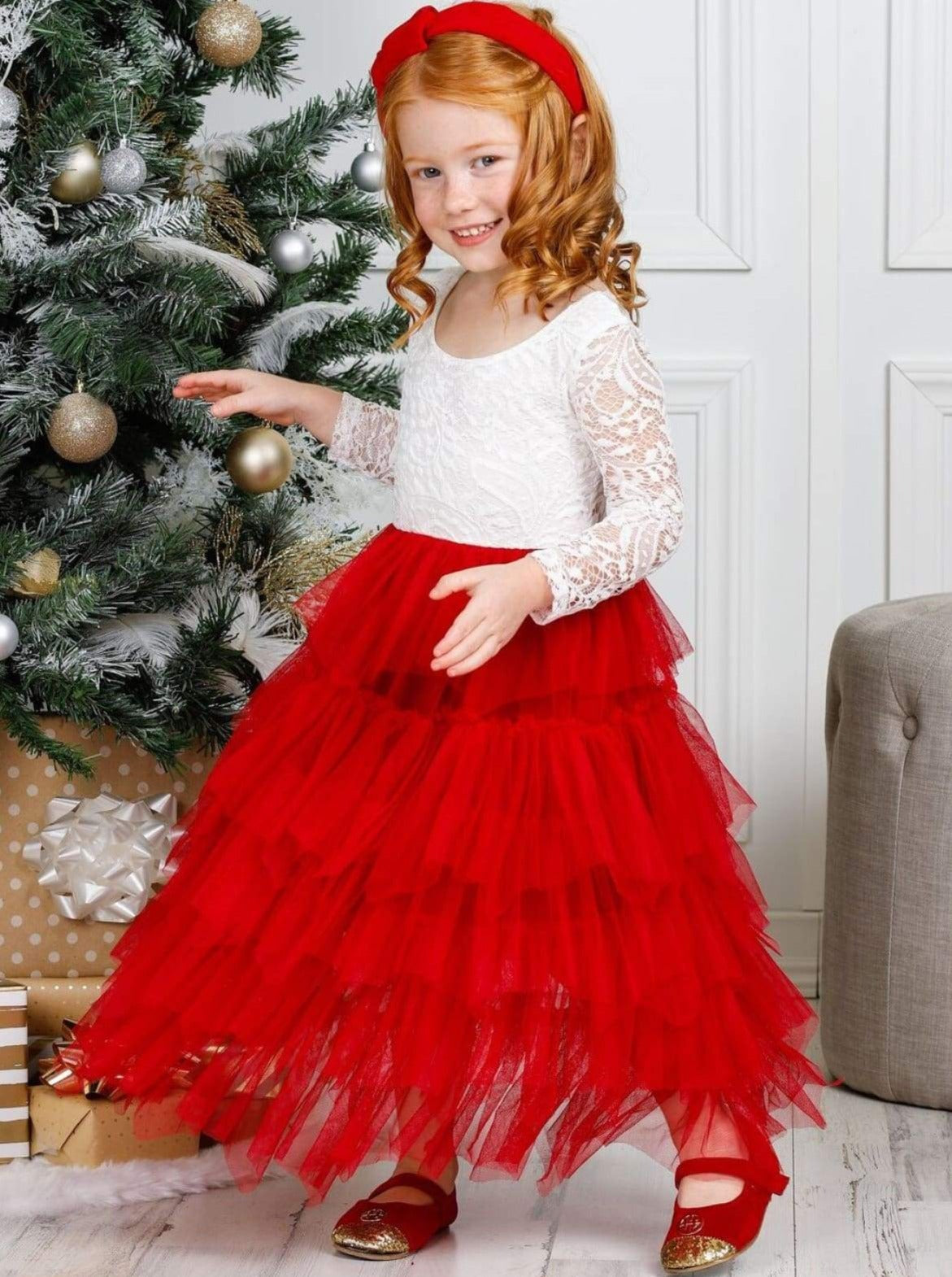Christmas Dresses | Girls Lace Long Sleeve Tiered Tulle Christmas Gown