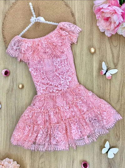 Girls Lace Off the Shoulder Ruffled Midi Dress - Pink / 2T/3T - Girls Spring Casual Dress