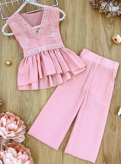 Girls Lace Peplum Top and Palazzo Pants Set - Pink / 2T/3T - Girls Spring Casual Set