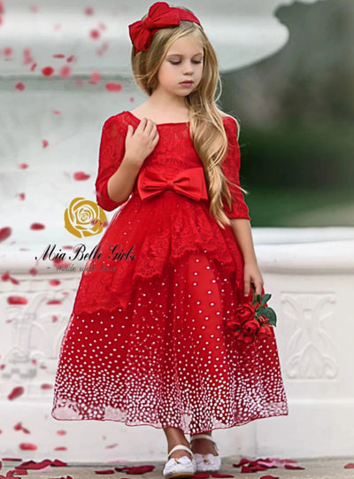 Girls Formal Dresses | Floral Lace Embellished Tiered Holiday Gown