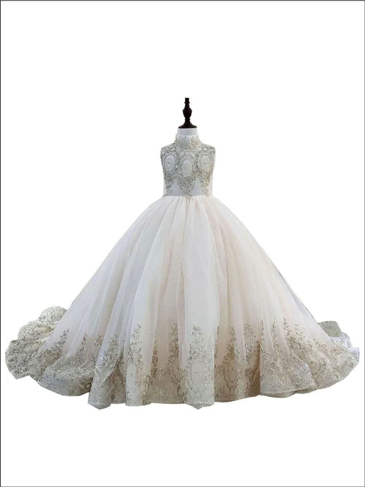 Girls Communion Dresses | Sleeveless Rhinestone Embellished Tulle Gown