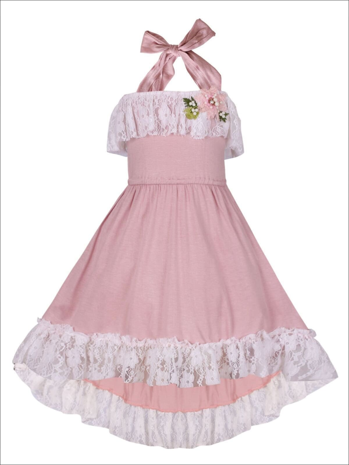 Girls Lace Ruffled Hi-Lo Elastic Waist Halter Neck Dress - Dusty Pink / 2T/3T - Girls Spring Casual Dress