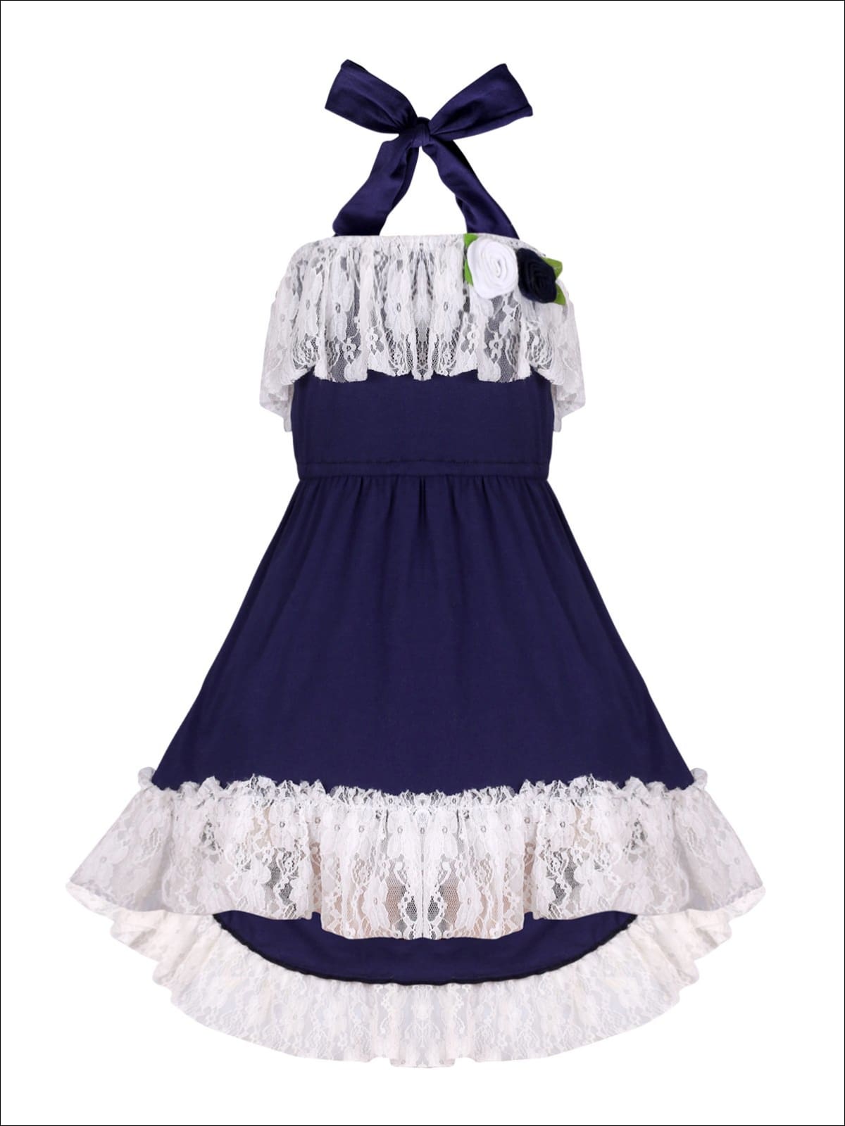 Girls Lace Ruffled Hi-Lo Elastic Waist Halter Neck Dress - Navy / 2T/3T - Girls Spring Casual Dress