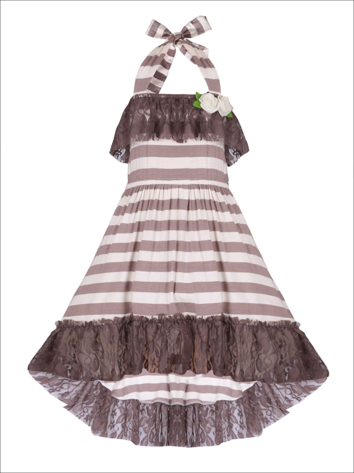 Girls Lace Ruffled Hi-Lo Elastic Waist Halter Neck Dress - Taupe / 2T/3T - Girls Spring Casual Dress
