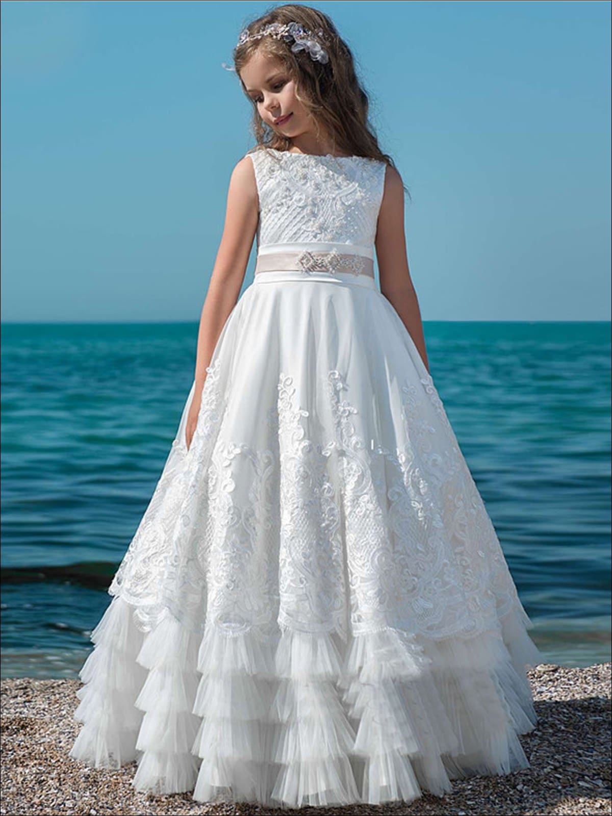 Girls Lace Ruffled White Communion Gown - White / 2T - Girls Gowns