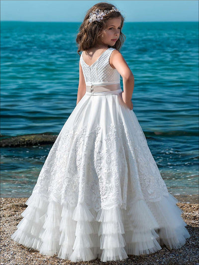 Girls Lace Ruffled White Communion Gown - Girls Gowns