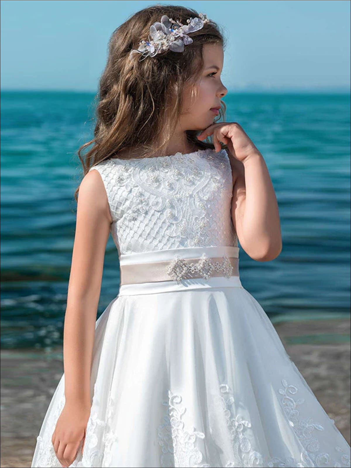 Girls Lace Ruffled White Communion Gown - Girls Gowns