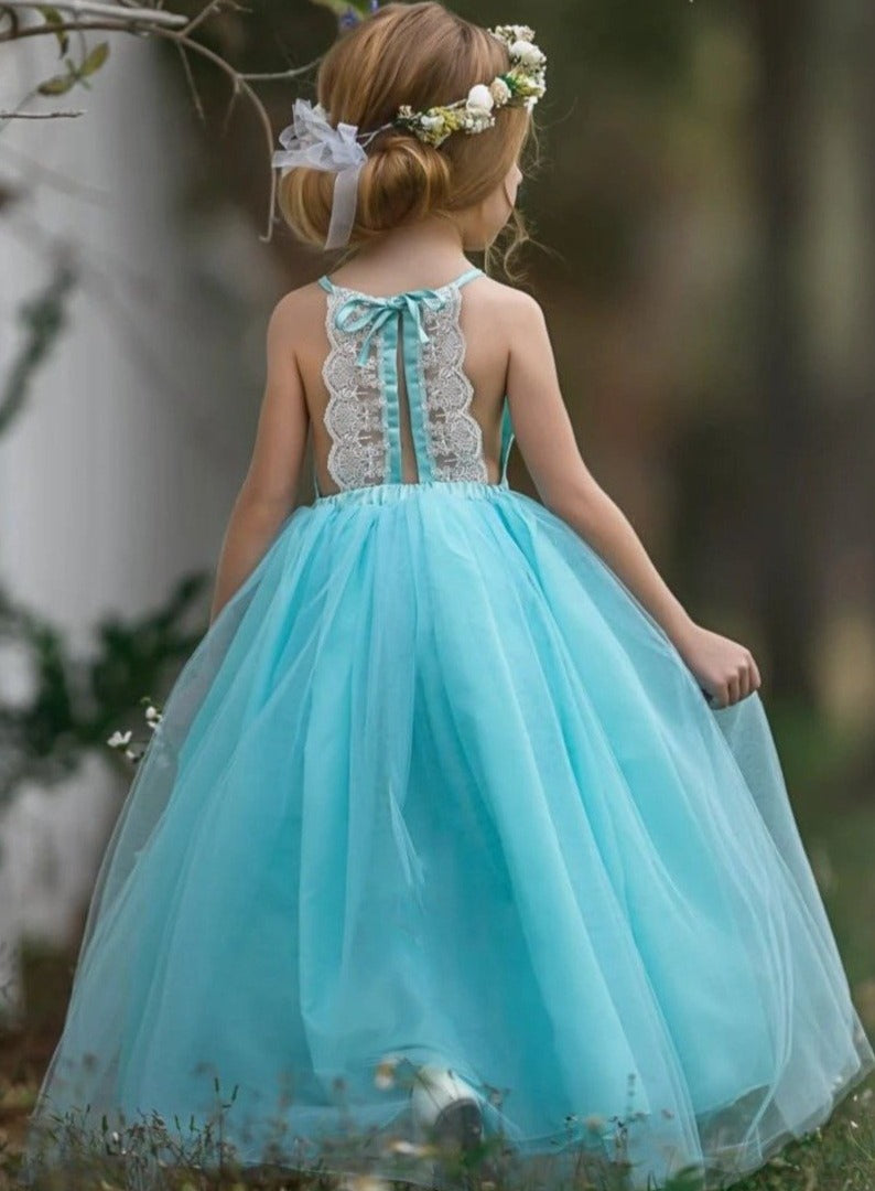 Girls Lace Scalloped Open Back Tulle Maxi Dress with Flower Clip - Girls Spring Dressy Dress