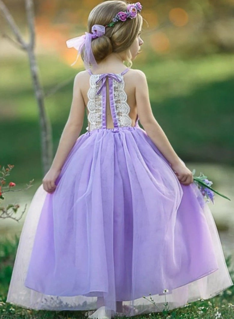 Girls Lace Scalloped Open Back Tulle Maxi Dress with Flower Clip - Girls Spring Dressy Dress