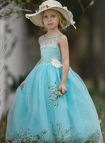 Girls Lace Scalloped Open Back Tulle Maxi Dress with Flower Clip - Mint / 2T/3T - Girls Spring Dressy Dress