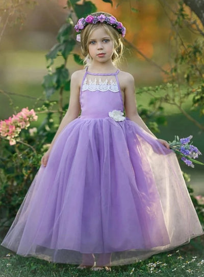 Girls Lace Scalloped Open Back Tulle Maxi Dress with Flower Clip - Mia ...