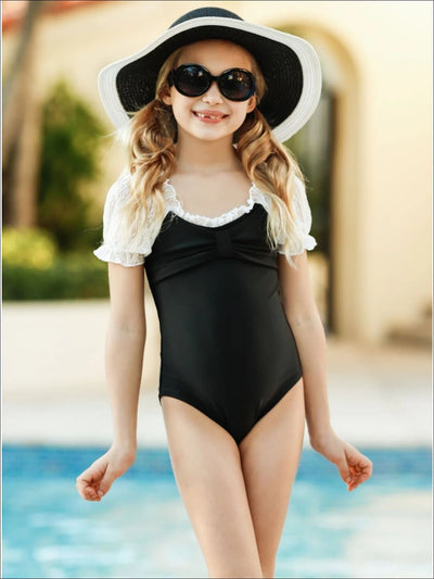  Kids Resort Wear | Girls Lace Scrunch Sleeve Bow One Piece Swimsuit