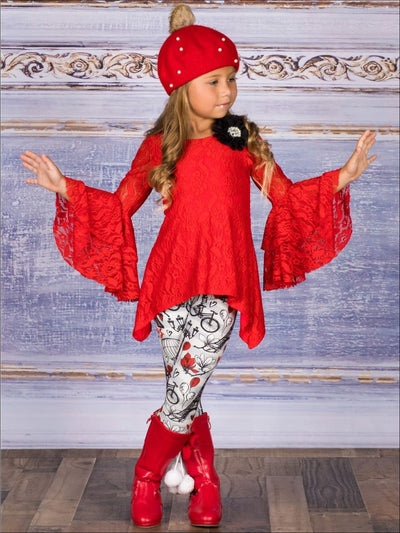 Girls Lace Side Tail Tiered Flared Sleeve Tunic & Leggings Set - Girls Fall Dressy Set