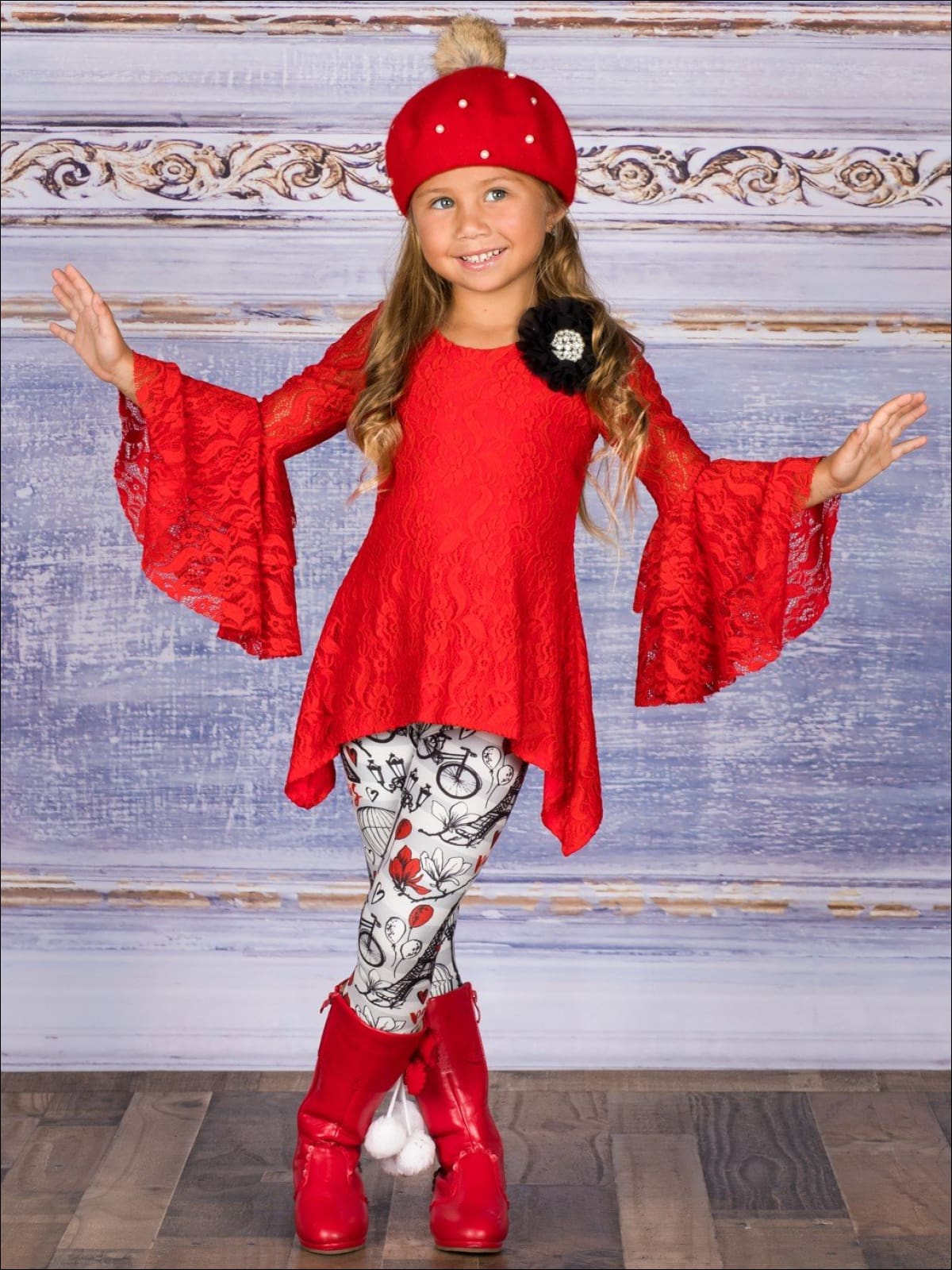 Girls Lace Side Tail Tiered Flared Sleeve Tunic & Leggings Set - Girls Fall Dressy Set
