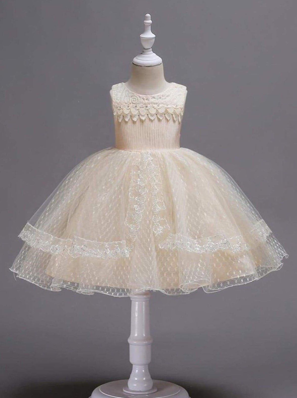 Girls Lace Sleeveless Floral Applique Tiered Lace Special Occasion Dress - Champagne / 3T - Girls Fall Dressy Dress