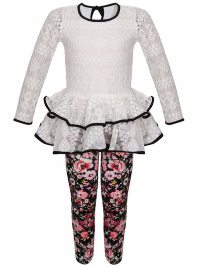 Girls Lace Tiered Peplum Long Sleeve Tunic & Printed Leggings Set - White / 2T/3T - Girls Fall Dressy Set