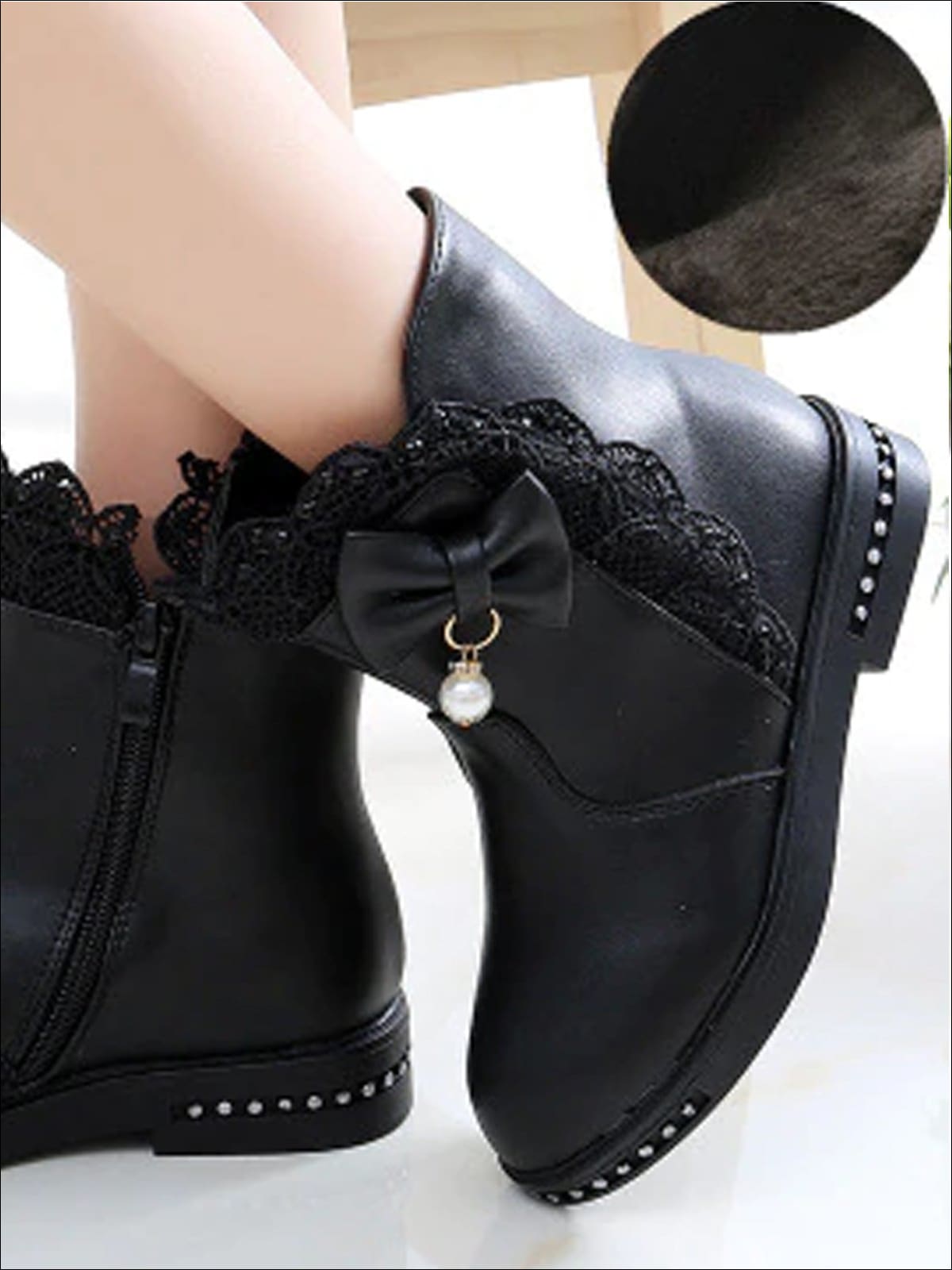 Shoes By Liv & Mia | Girls Lace Trimmed Pearl Bow Tie Ankle Boots