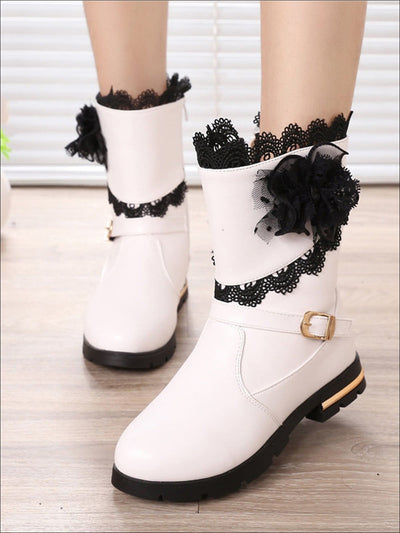 Girls Lace Trimmed Flower Applique Mid-Calf Boots - Girls Boots