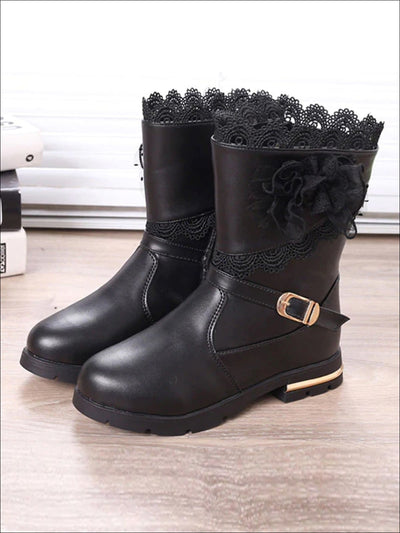 Girls Lace Trimmed Flower Applique Mid-Calf Boots - Black / 1 - Girls Boots