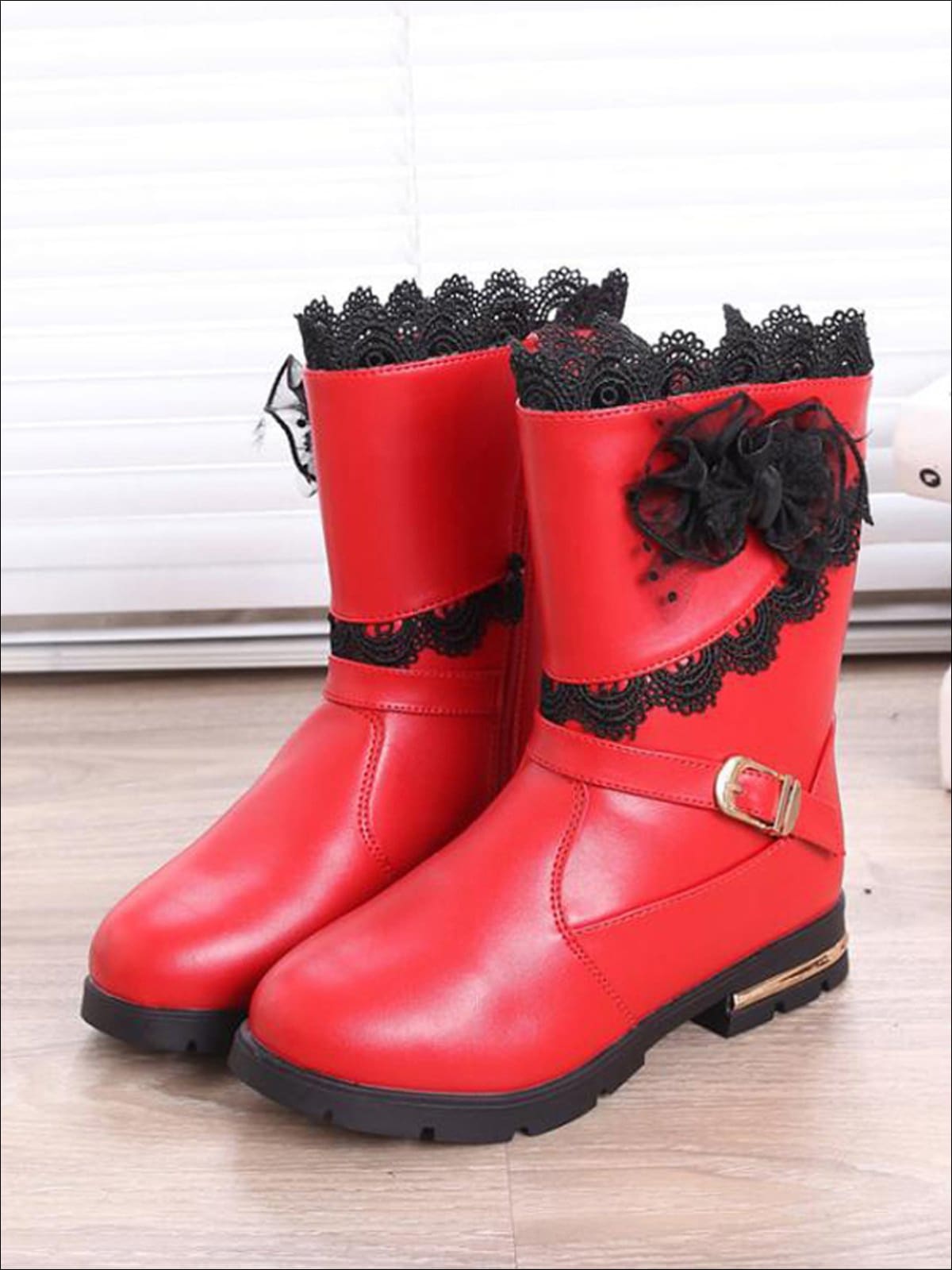 Girls Lace Trimmed Flower Applique Mid-Calf Boots - Red / 1 - Girls Boots