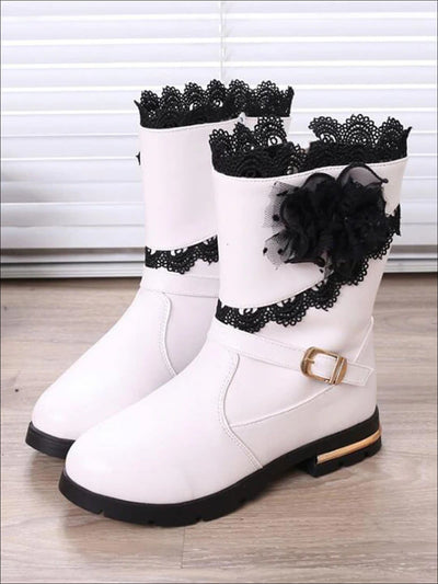 Girls Lace Trimmed Flower Applique Mid-Calf Boots - White / 1 - Girls Boots