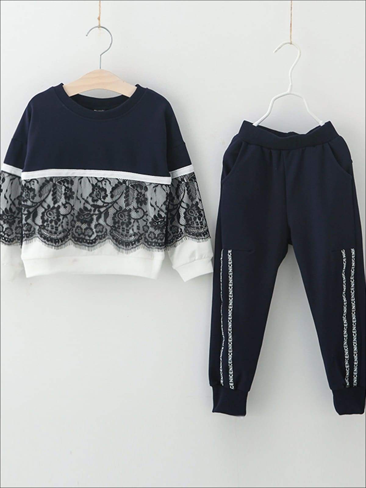 Girls Lace Two Tone Tracksuit - Navy blue / 3T - Girls Fall Casual Set