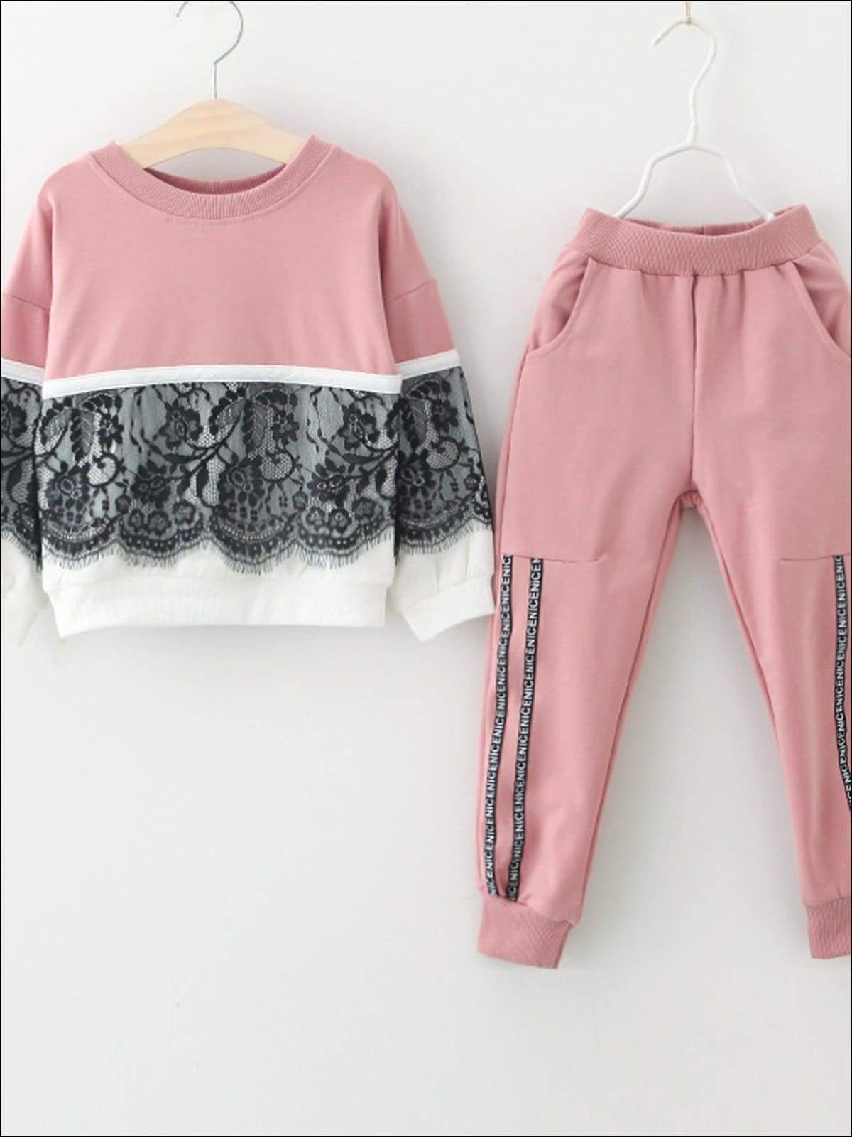Girls Lace Two Tone Tracksuit - Pink / 3T - Girls Fall Casual Set