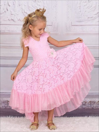Girls Lace V-Neck Flutter Sleeve Hi-Lo Dress with Ruffled Hem - Girls Spring Dressy Dress