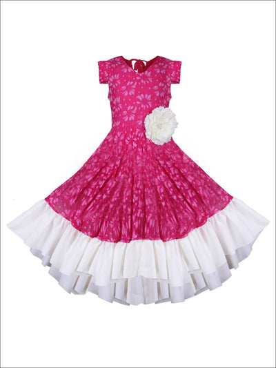Girls Lace V-Neck Flutter Sleeve Hi-Lo Dress with Ruffled Hem - Fuchsia / 2T/3T - Girls Spring Dressy Dress