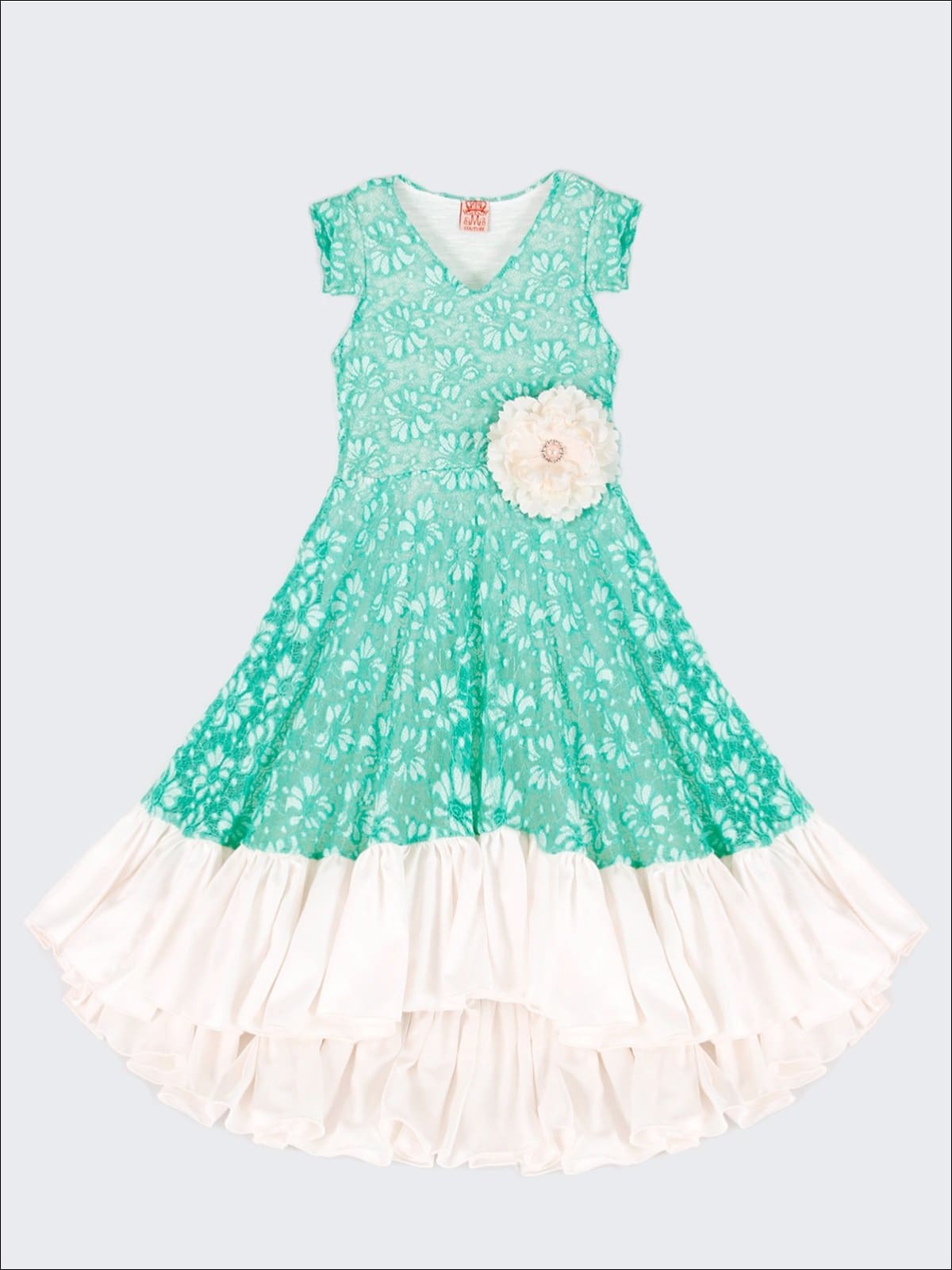 Girls Lace V-Neck Flutter Sleeve Hi-Lo Dress with Ruffled Hem - Mint / 2T/3T - Girls Spring Dressy Dress