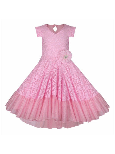 Girls Lace V-Neck Flutter Sleeve Hi-Lo Dress with Ruffled Hem - Pink / 2T/3T - Girls Spring Dressy Dress