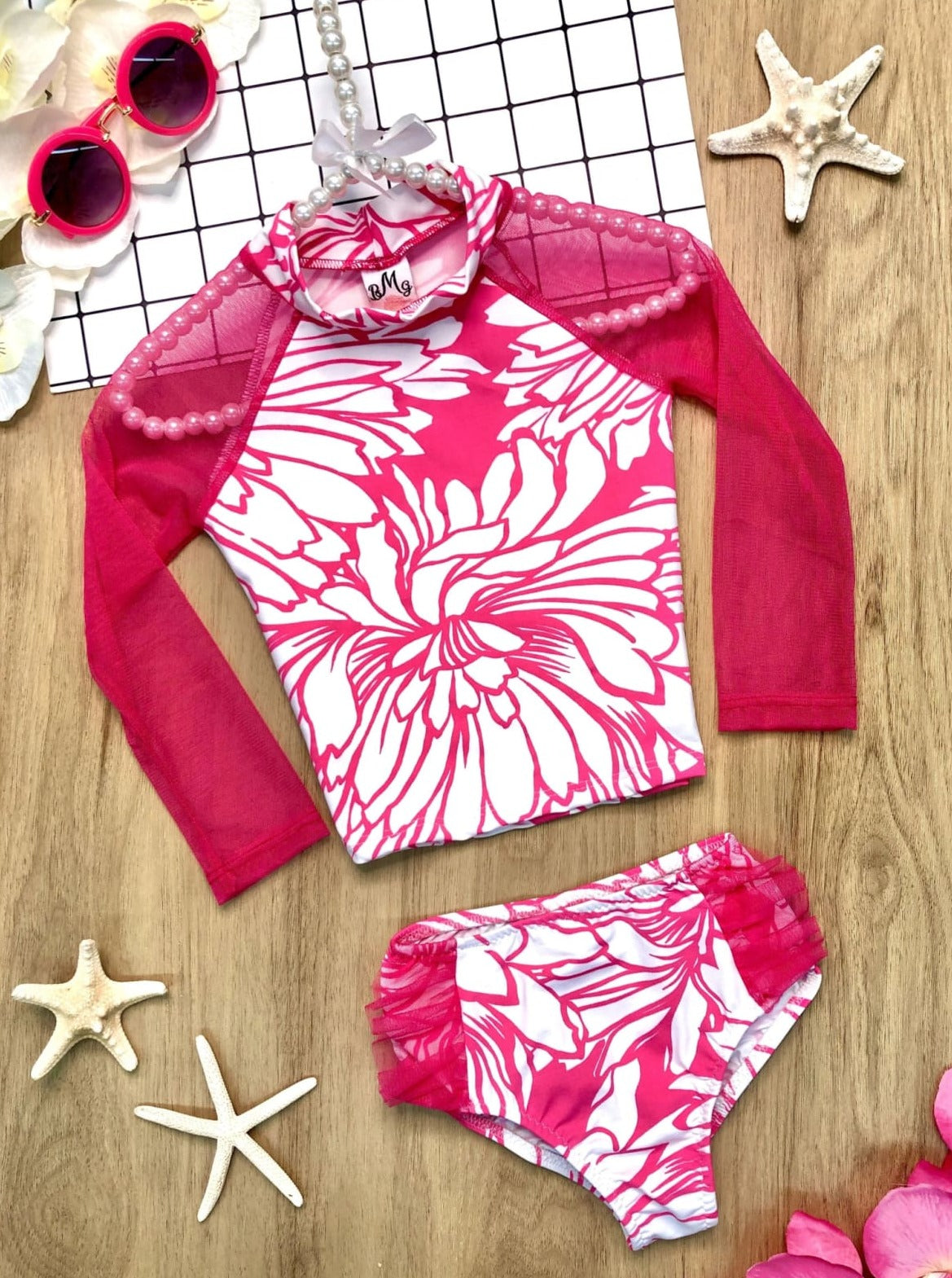 Toddler Rash Guard Swimsuit | Girls Lace Sleeve Two Piece Swimsuit