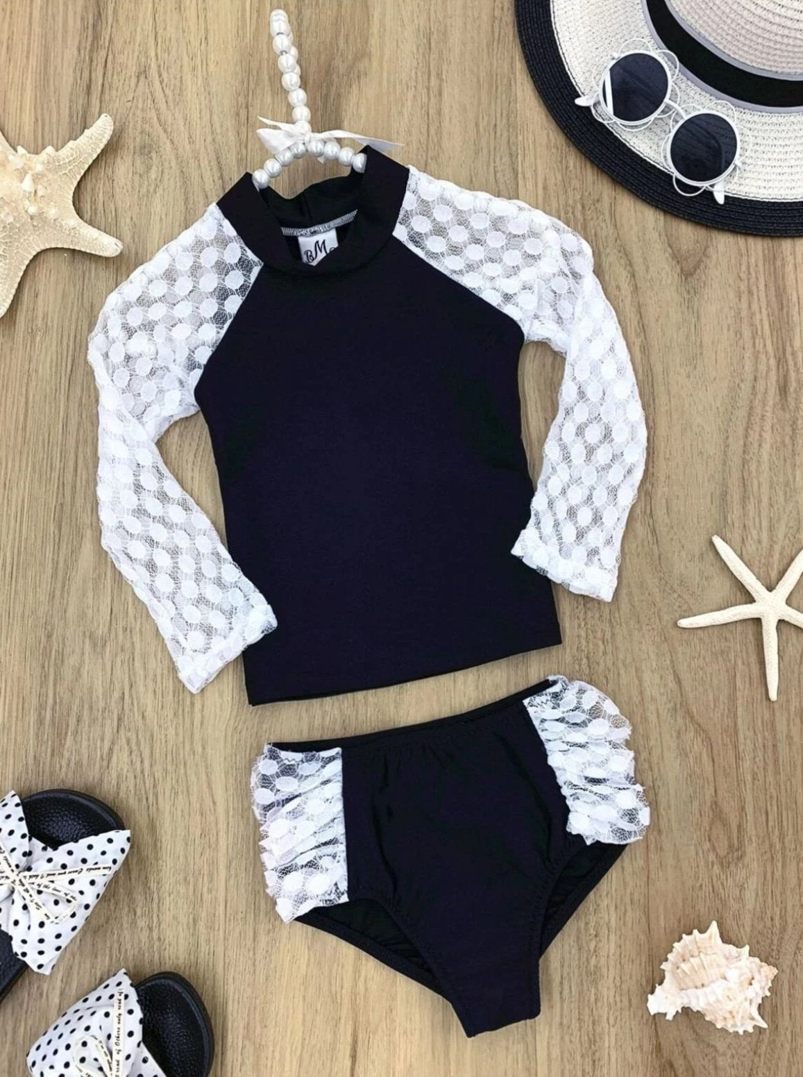 Toddler Rash Guard Swimsuit | Girls Lace Sleeve Two Piece Swimsuit
