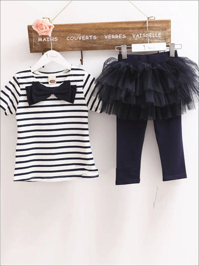 Girls Large Bow Applique Striped Top & Tutu Skirt Leggings Set - Navy Blue / 2T - Girls Spring Casual Set
