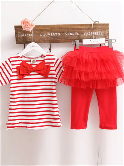 Girls Large Bow Applique Striped Top & Tutu Skirt Leggings Set - Red / 2T - Girls Spring Casual Set