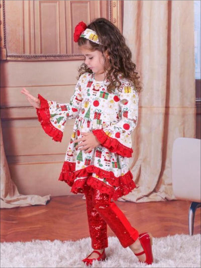 Girls Layered Red Ruffle Christmas Print Tunic - Girls Christmas Top